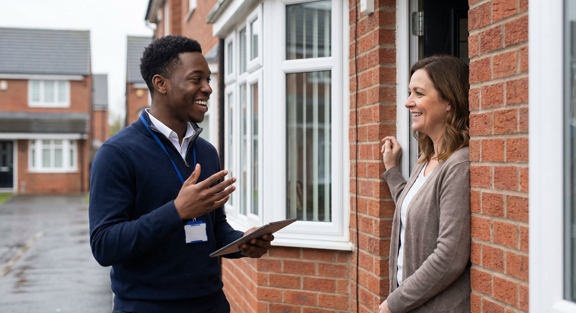Elevate fundraiser having a friendly doorstep conversation with a homeowner
